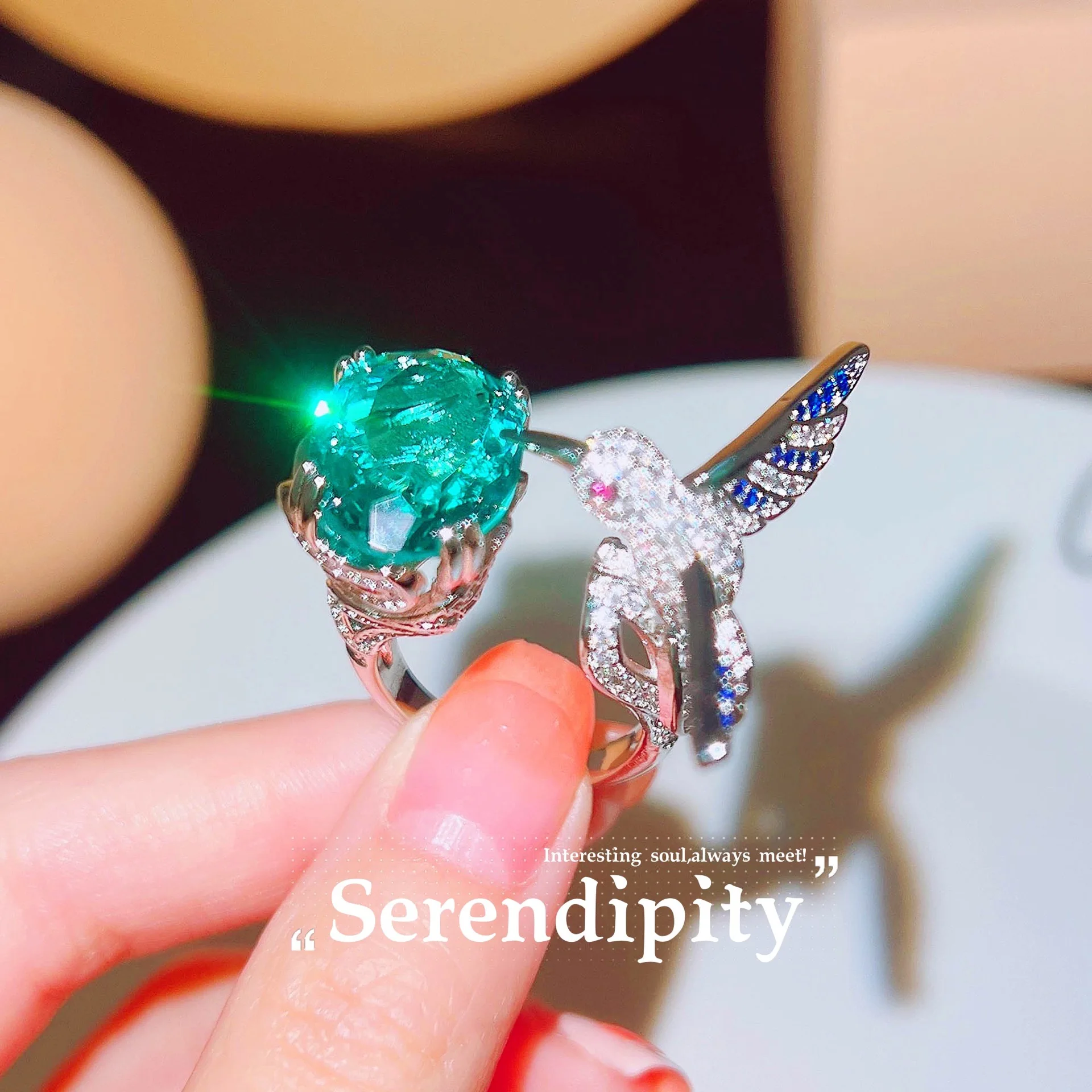 S925 Pure Silver Ring with Aquamarine Hummingbird, Crystal-Colored Gem Open Ring for Women