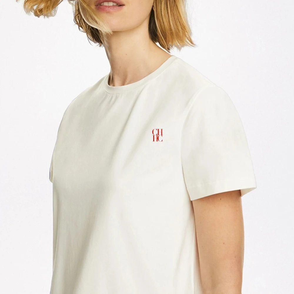 CH Women\'s Off White Short Sleeve T-Shirt Crew Neck Casual Tee with Red CH Logo Embroidery Daily Basic Top