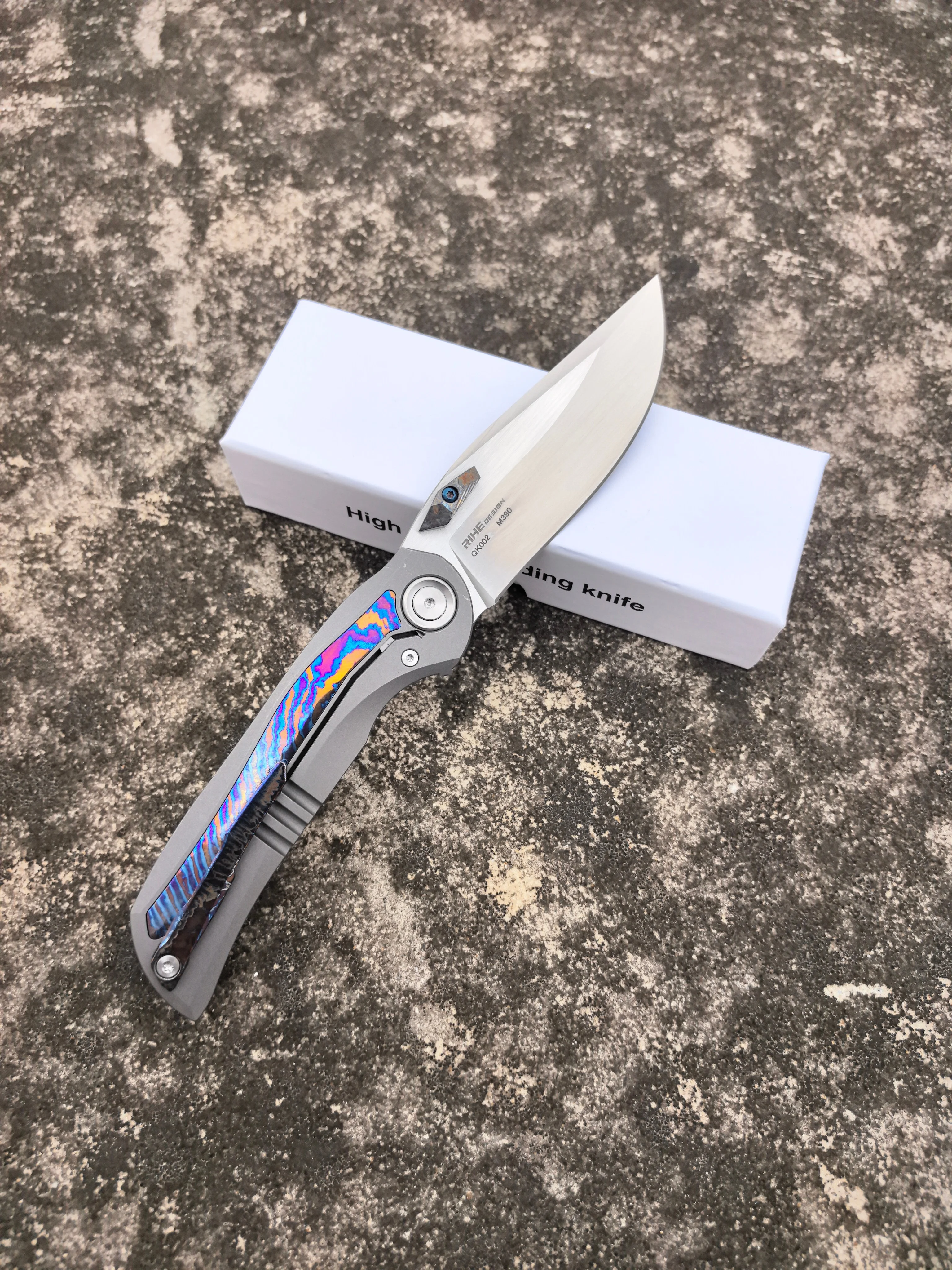 RIHE Original Design Folding Knife, Timascus Titanium Handle, Ball Bearing Outdoor EDC Tool