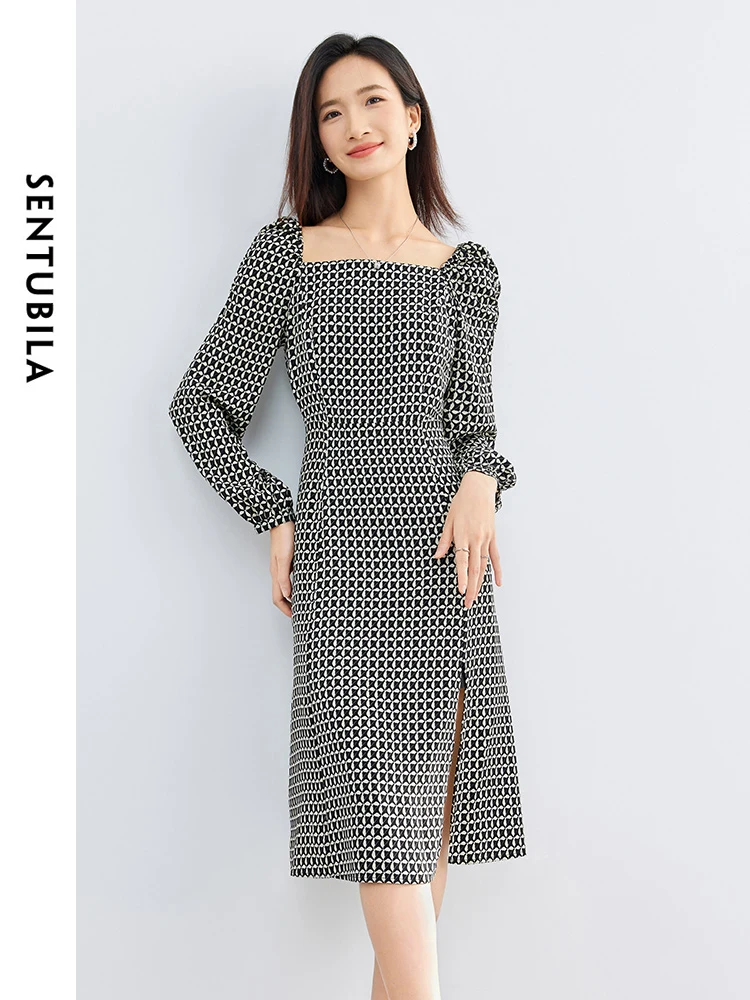 SENTUBILA Colletto Quadrato Pianura Abiti Stampati per Le Donne 2024 Primavera Autunno Moda Manica a Soffio Abito Smocked Vestiti 141L53178X