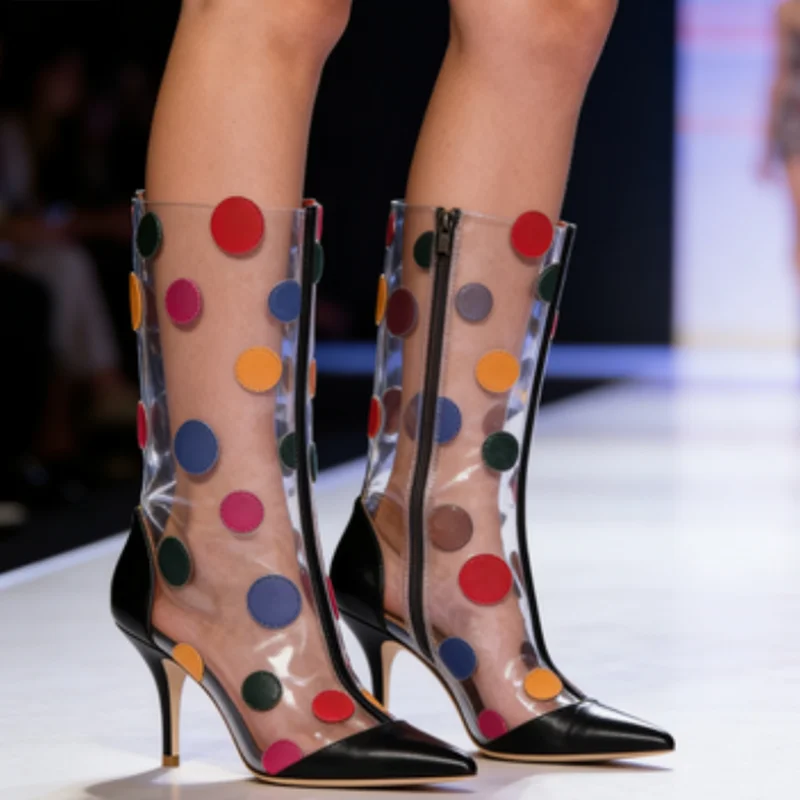 

Clear PVC Mixed Color Dots Boots Print Splicing Pointed Toe Stiletto High Heels Women Concise Party Shoes Zapatos Para Mujere