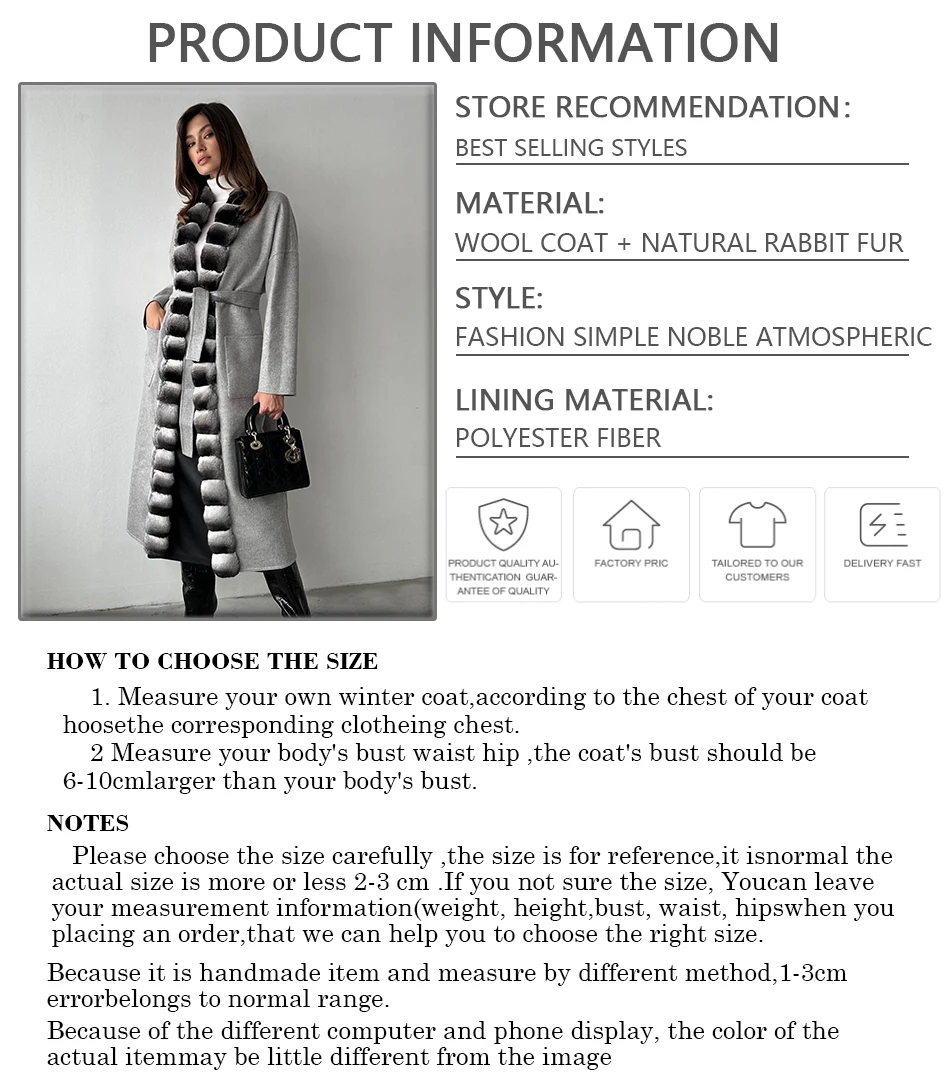 Real Rabbit Fur Collar Womens Winter Luxury Cashmere Wool Coat Women Natural Fur Coat 2024 Hot Selling Style