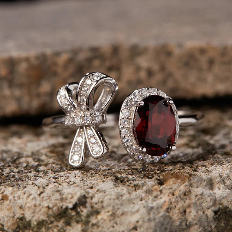 

Dawn's Jewel S925 Sterling Silver Natural Topaz Citrine Amethyst Garnet Color Treasure Ring Female Bows anillos