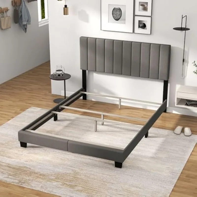 

Каркас кровати на платформе Giantex Queen Size, нужен из коробчатой пружины, современный матрас с мягкой обивкой и изголовьем из льняной ткани, серый