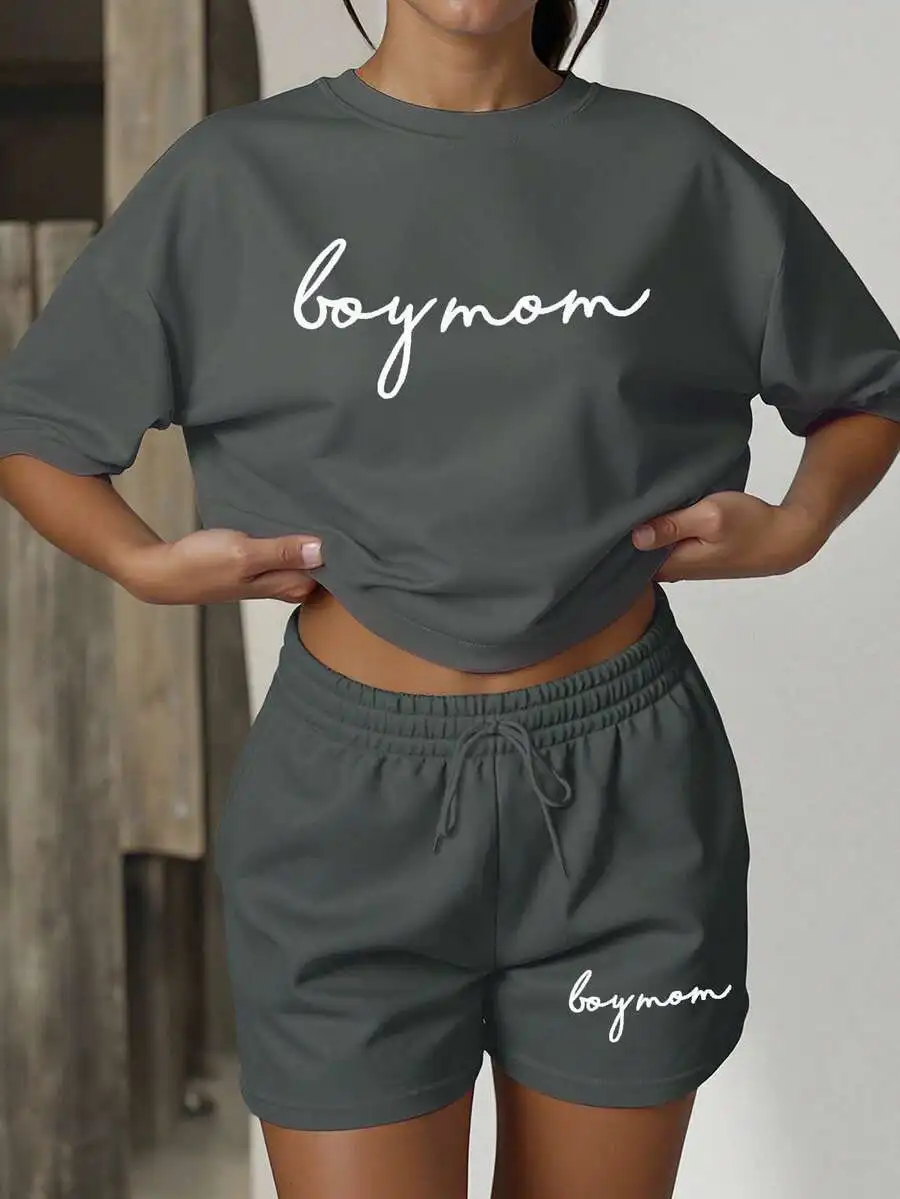 

Womens Casual Loose Short Sleeve T-Shirt And Shorts Set With Boy Mom Print