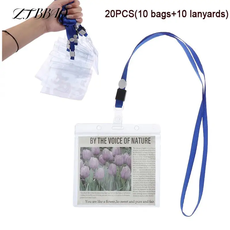 

10Set Waterproof Sleeve Pouch With Sealing Strip Lanyards ID Badge Holder Plastic Protector Case Clear PVC Name Plate Card Bag