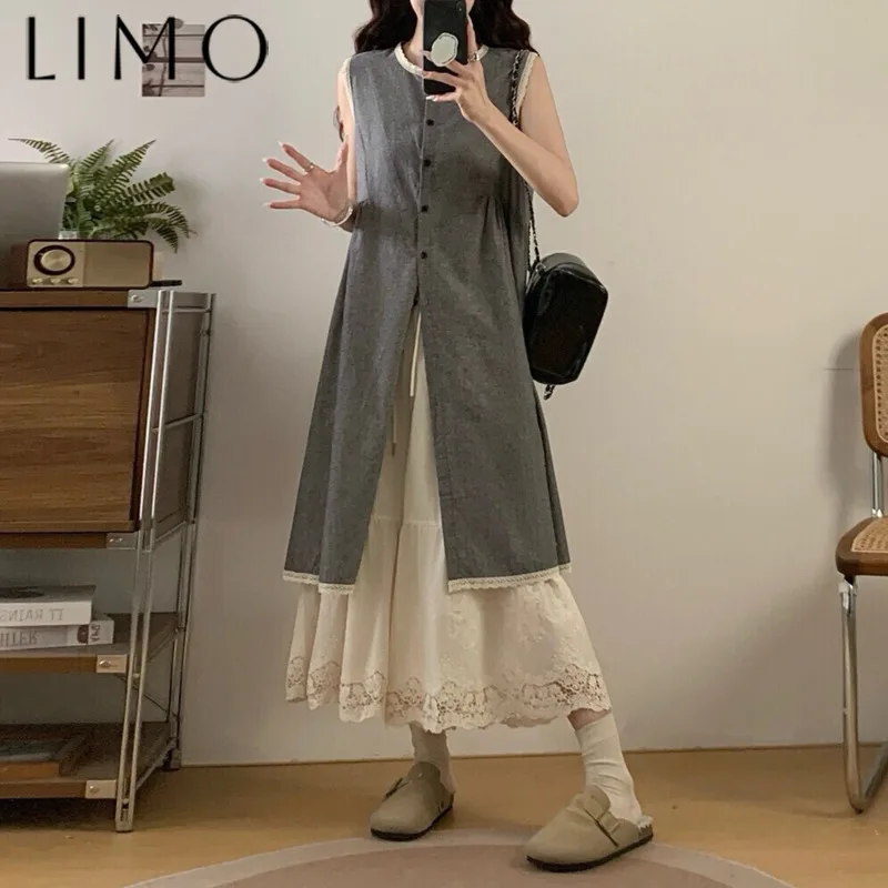 

LIMO Women’s Vintage 2 Piece Set Vest Dress Lace Wide Leg Pants Patchwork Elegant Chic High Quality Spring Summer 2025