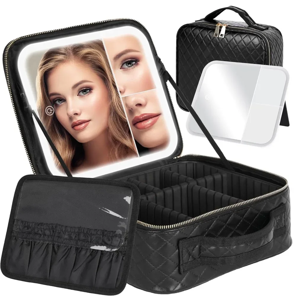 

Travel Makeup Bag With Light Up Mirror, With Adjustable Partitions,With 3 Color Lights For Cosmetics Portable Makeup Storage Box