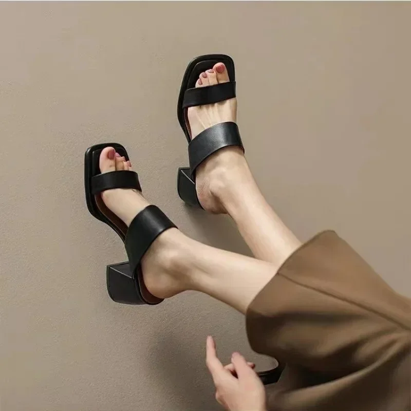 2024 Summer Sandals Women Open Toe Chunky Heel Women Sandals Narrow Band Shoes High Heel Sandals Split Leather Shoes for Women