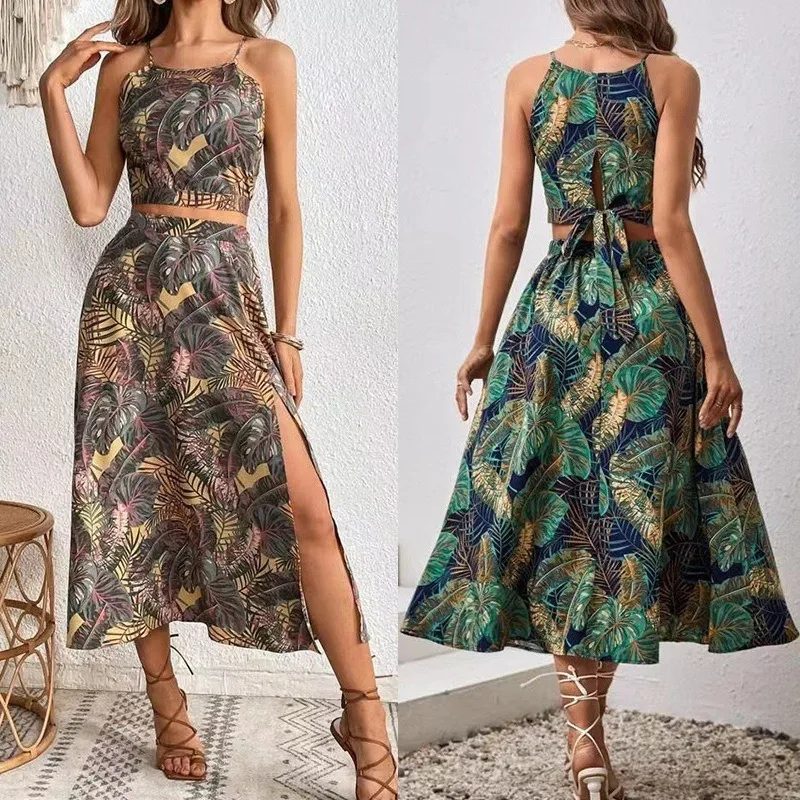 Women Summer Back Tie Top Spaghetti Strap Print Midi Dress 2 Piece Set Casual EU US