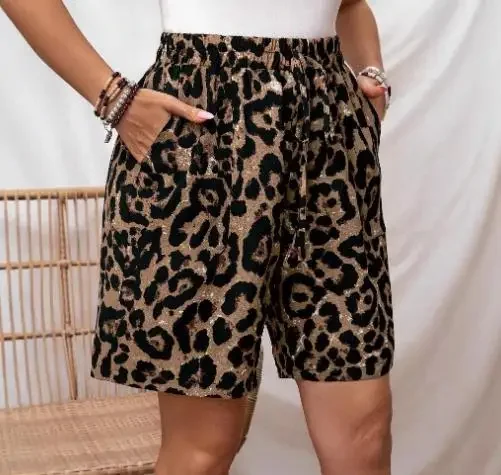 Sommer-Damen-Shorts, lässig, locker, dekorativ, mit Schnürung, elastischer Bund, Leopardenmuster, Shorts mit hoher Taille und geradem Bein