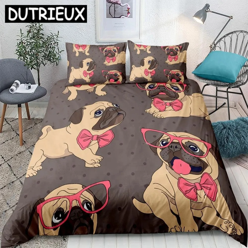 

Cartoon Pug Dog Bedding Set Cute Dog Duvet Cover Set Brown Background Quilt Cover Kids Girls Bedclothes Queen Home Textiles