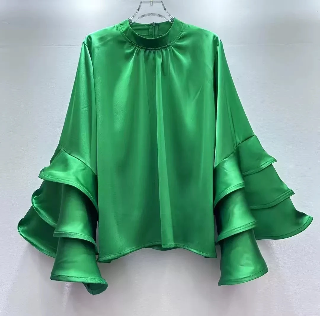 Francuski styl, jednolity kolor, prosty top, nowość na jesień 2025, luksusowa, luźna, wyszczuplająca koszula z falbanami - GZXX941