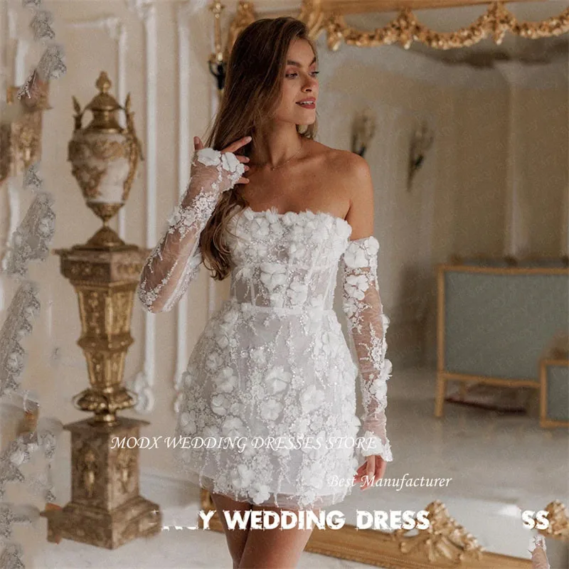 MODX Sexy Knee Mini Short Wedding Dress Lace 3D Flowers Printing Bridal Gown With Gloves A Line Strapless Prom Gown Vestidos