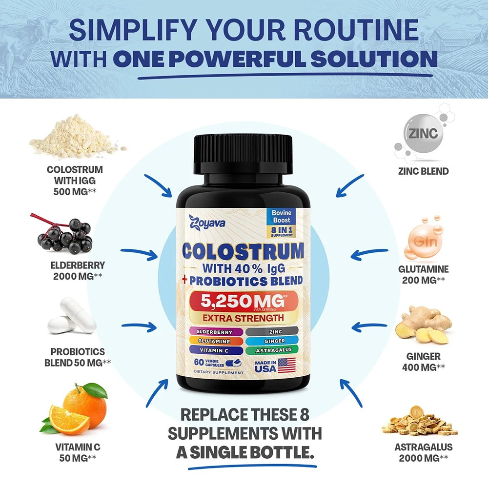 Colostrum Supplement Capsules 5250 Mg, Supports Overall Vitality, Hair & Energy