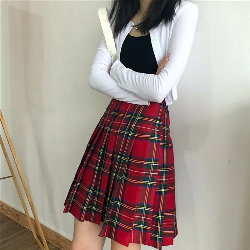 Lengthen High Waist Gothic Punk Style Pleated Skirt Plus Size Goth Red Harajuku Y2k Clothes Korean Style