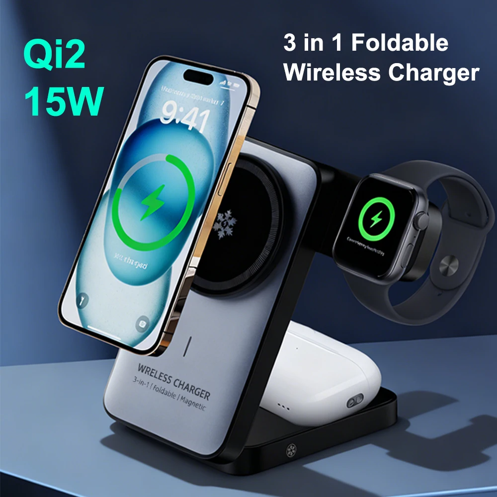 3in1 Foldable Wireless Charger with Cooling Fan Qi2 15W for MagSafe Magnetic Fast Charge Charger for iPhone 12-18,iWatch S3-S10