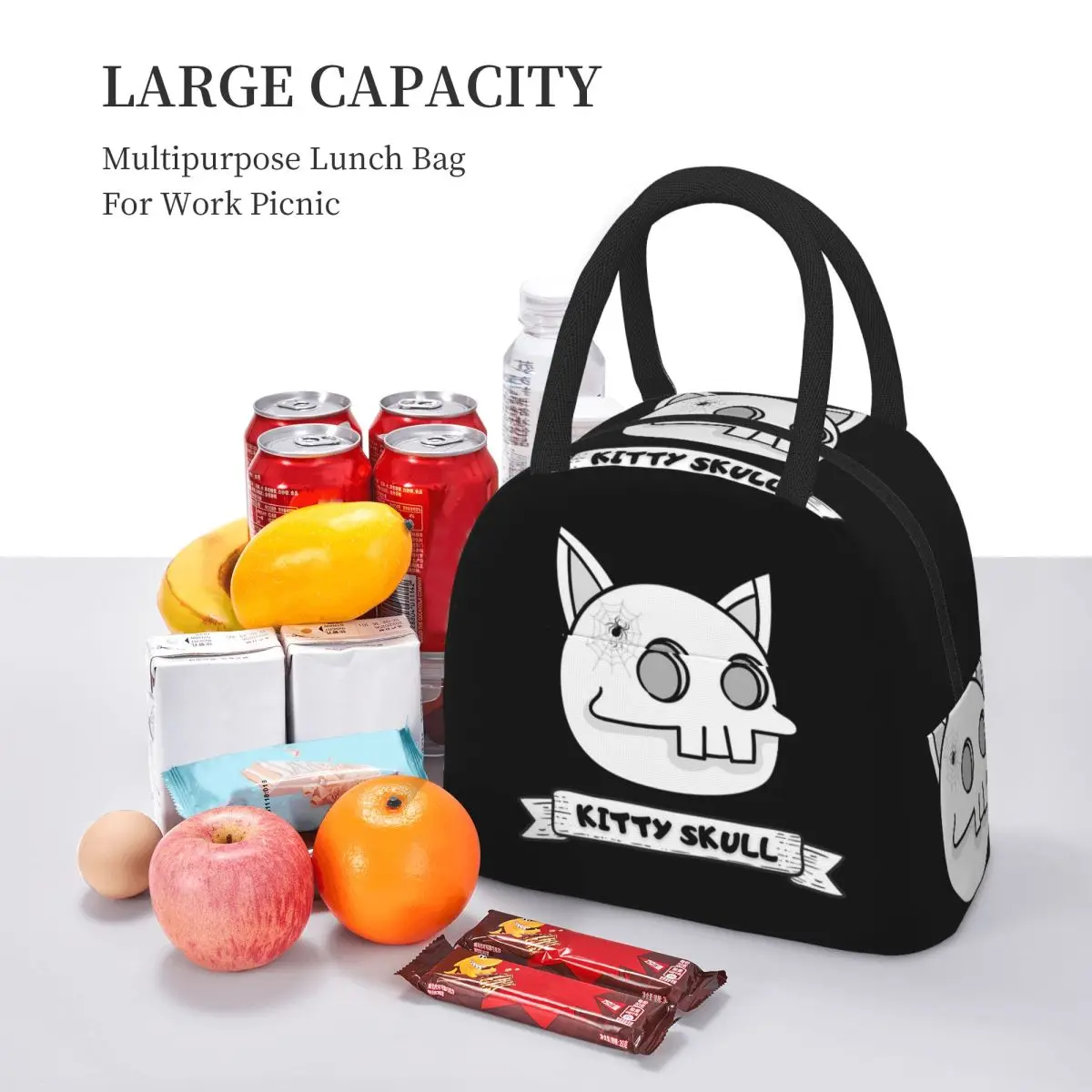 كيتي الجمجمة L مضحك هالوين الهيكل العظمي القط معزول حقيبة الغداء للنساء الأطفال مانعة للتسرب صناديق الطعام علب الاغذية الحرارية حمل #5