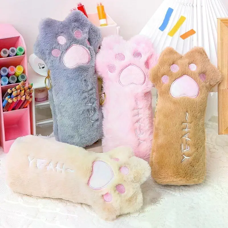 Cartoon Plush Cat Paw Pencil Case Large Capacity Storage Bag School Stationery Organizer Portable Multi Functional Pencil Pouch