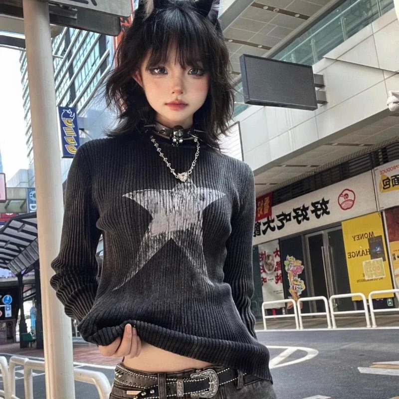 Autumn Vintage Gothic O Neck Long Sleeve Base Tops Fashion Punk Star Print Design Harajuku Girl Clothing Y2k Streetwear Shirts