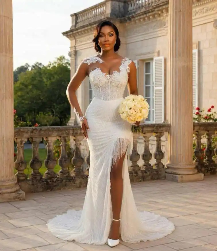Luxury Mermaid Wedding Dress Jewel Neck Sleeveless Applique Tassel Beading Dress Bridal Gown Prom Customized Vestido De Novia