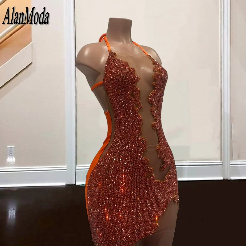 Giltter Orange Cocktail Dress Birthday Outfit Halter Rhinestone Short Ladies Dresses For Special Occasions Mini Party Gowns