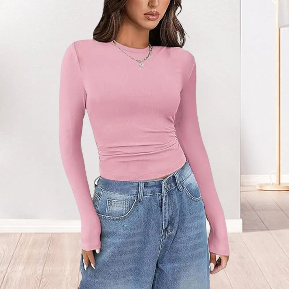 Pullover Tops Women Ribbed Long Sleeve Bottoming Top Regular Fit Lightweight Crew Neck Shirt Daily Wear
