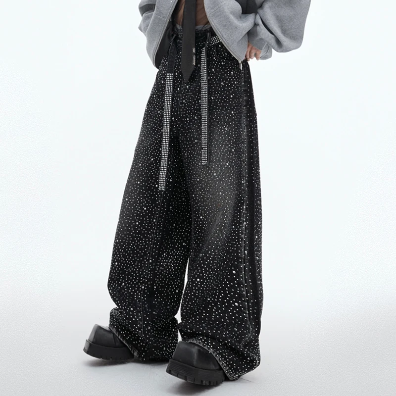 FEWQ New Starry Ribbon Jeans Niche Loose Wide Leg Pants 2024 Vintage Korea Fashion Male Trousers High Street 24E2100