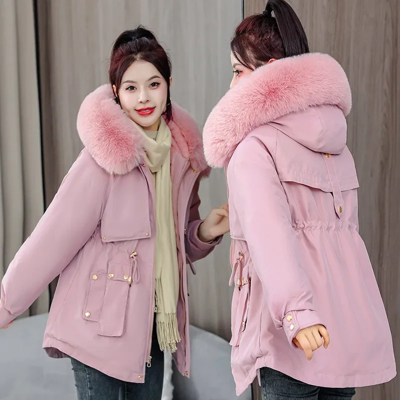 Winter Warm Fur Collar Hooded Women Parka Fashion Comfortable Zipper Pockets Design Long Jacket Elegant Slim Thick Female Coats