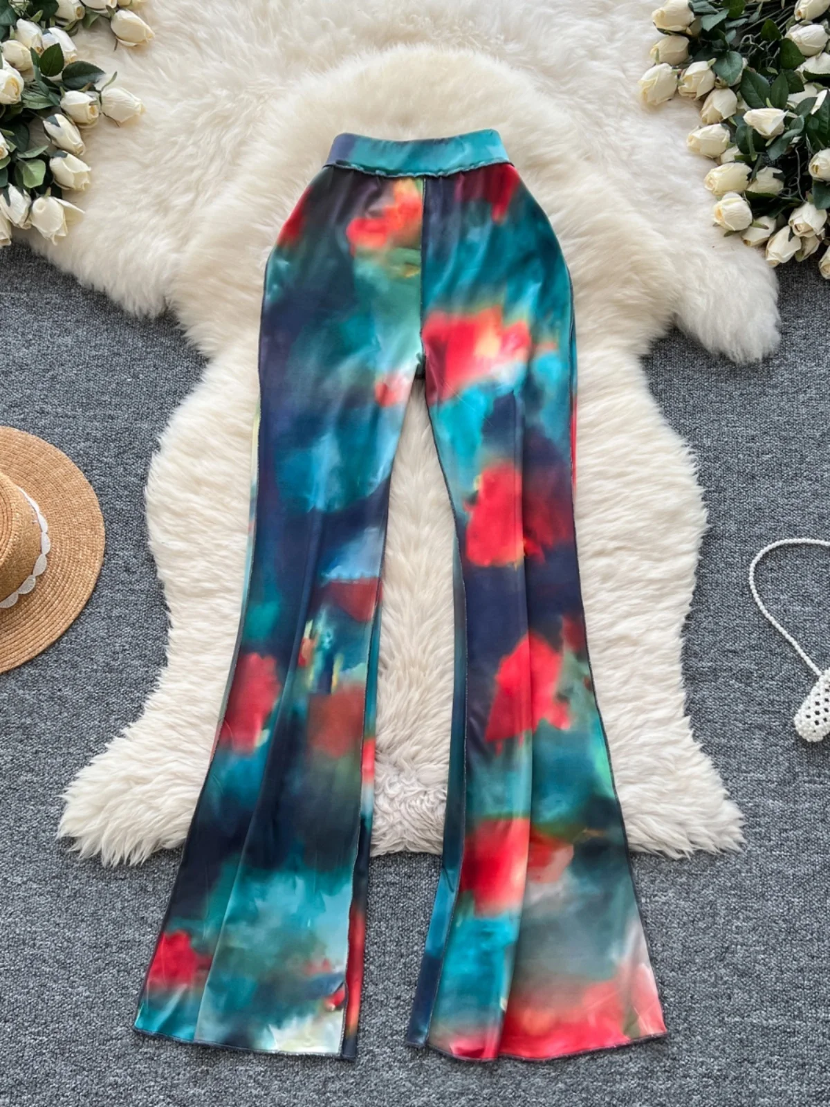 Foamlina Ins Fashion Girl Tie Dye Printed Micro Flared Pants For Women High Waist Slimming Tight Hip Hugging Casual Trousers