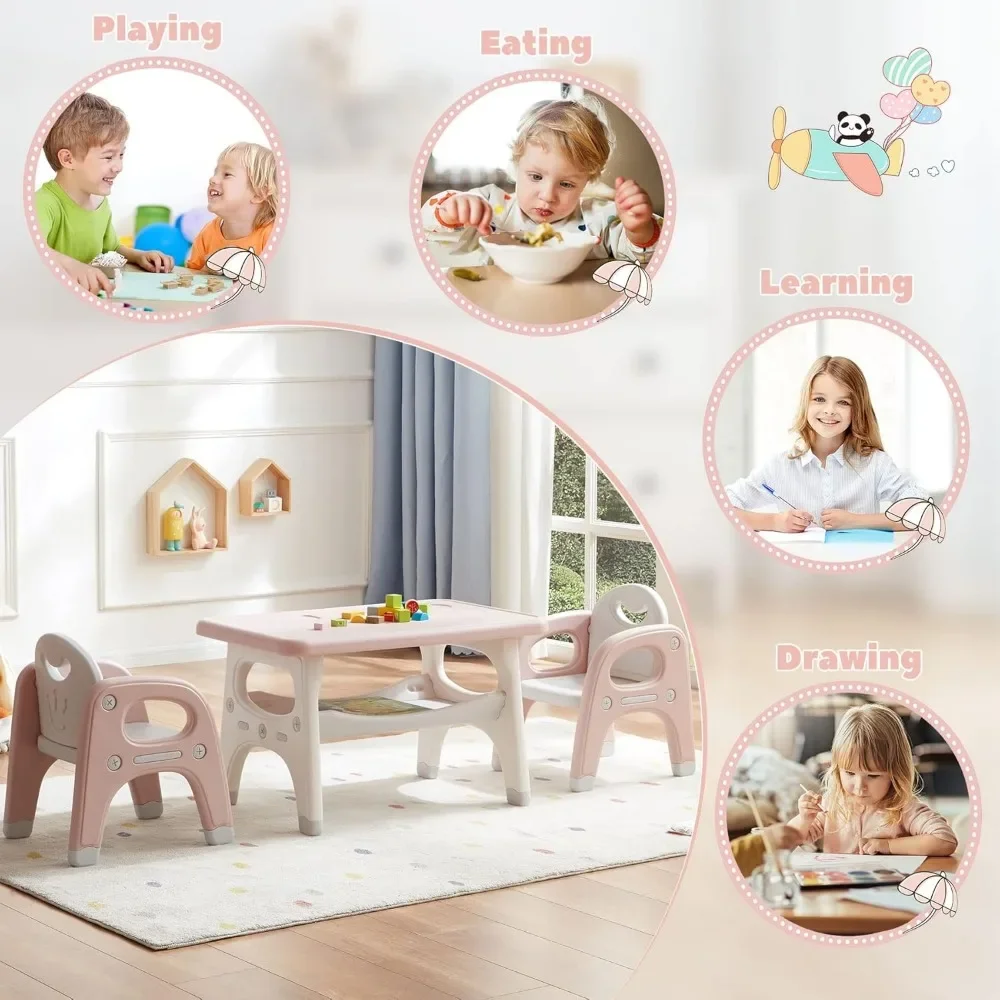 Conjunto de mesa e 2 cadeiras infantis, grande armazenamento embutido, conjunto de mesa e cadeiras montessori para crianças, mesa de atividades infantis para desenho