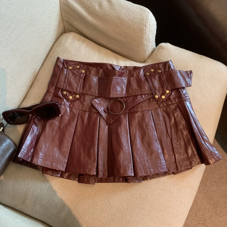 Retro Women Red Pu Leather Sexy Club Versatile College Style Slim Short Skirt Autumn Winter Coffee Colored Pleated Mini Skirts