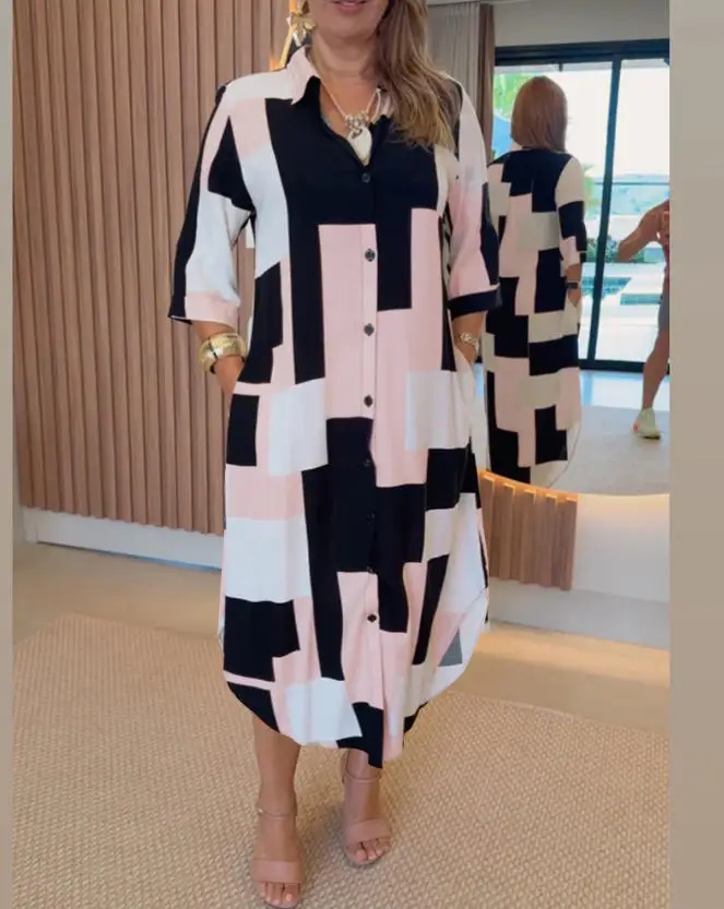 

Women's Color Blocked Single Breasted Geometric Shirt Asymmetric Hem Skirt with Long Sleeved Shirt Dress