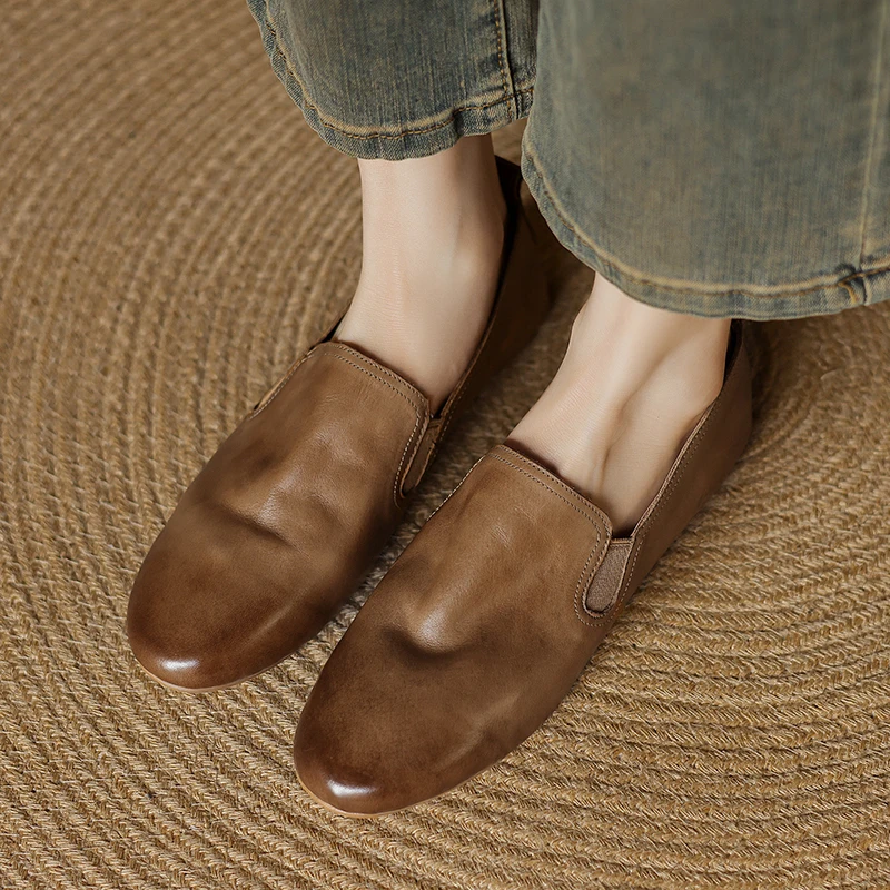EAGSITY cow leather retro minimalist style penny loafers round toe leather shoes women slip on office lady shoes party