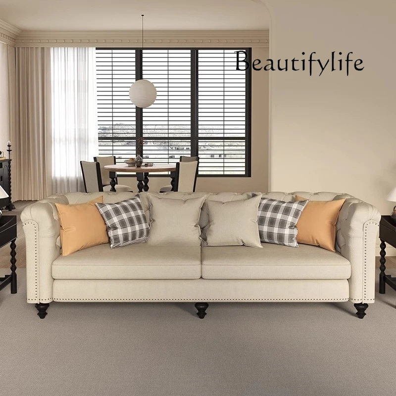 

American retro solid wood sofa combination living room French medieval fabric buckle straight sofa