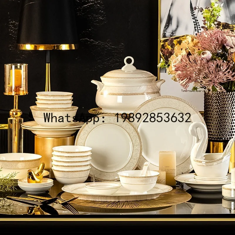 

x-14 Embossed Ceramic Dinnerware Set: Complete High Bone Porcelain Bowl and Chopstick Set