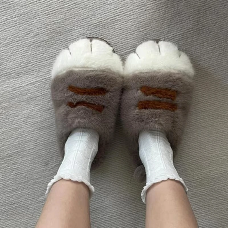

New vivid fuzzy cat paw slippers woman warm indoor furry slides women kitten claw slippers autumn winter home shoes kitty sliper