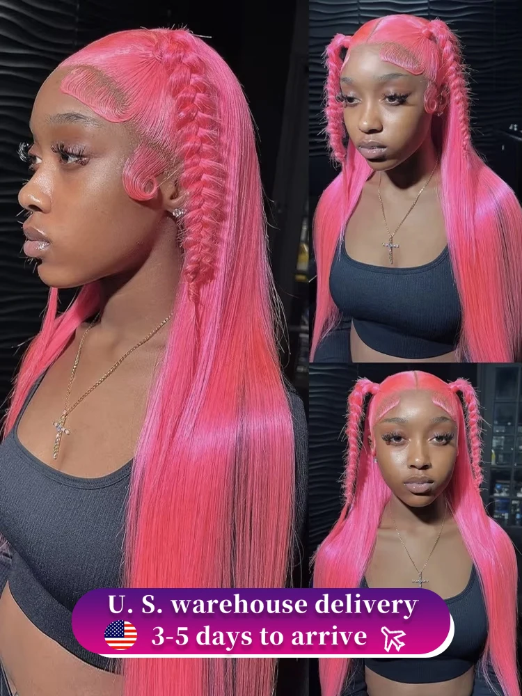

200% 36 Inch Pink 13x6 Bone Straight Lace Frontal Wig Colored 13x4 Hd Transparent Lace Front Wig Remy Human Hair Wigs For Women
