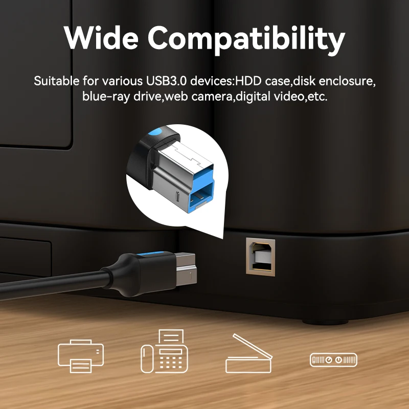 Vention USB C to USB B 타입 3.0 케이블, 맥북 프로, HP, 캐논 브라더, 엡손, 델, 삼성 프린터용, C 타입 프린터, 사각 코드