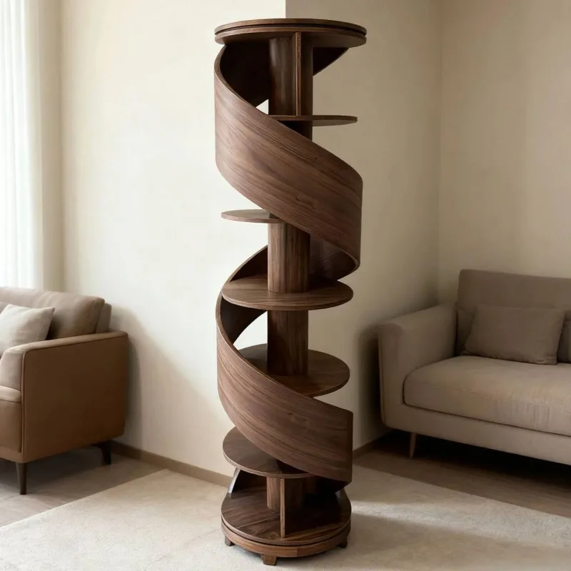 Italian minimalist North American black walnut spiral bookshelf living roomshelf creative round display stand