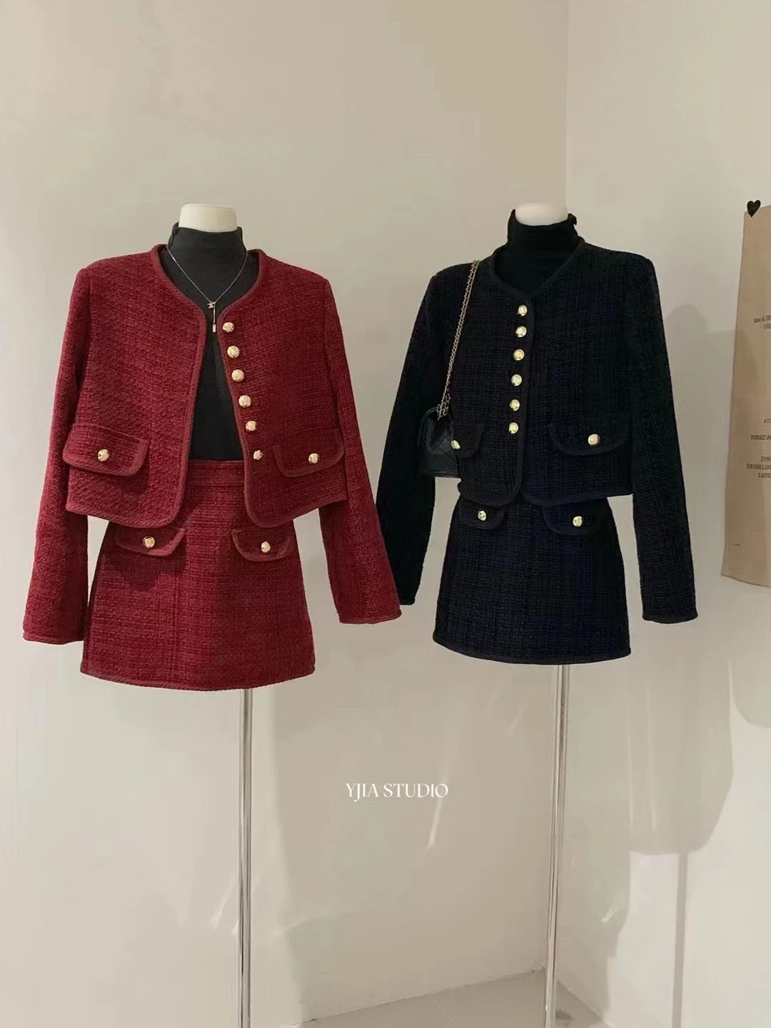 

Autumn Winter Textured Tweed Elegant Refined Short Jacket + A-line Slimming Short Skirt Set Women Female Office Lady Clothing
