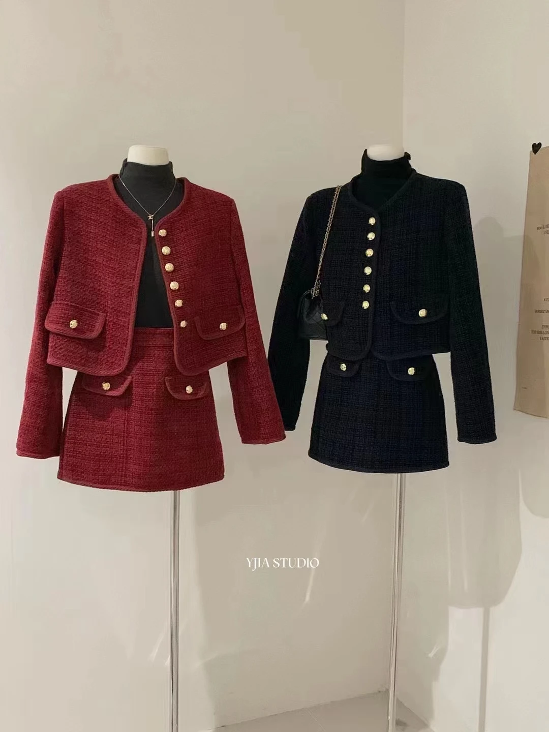 Autumn Winter Textured Tweed Elegant Refined Short Jacket + A-line Slimming Short Skirt Set Women Female Office Lady Clothing