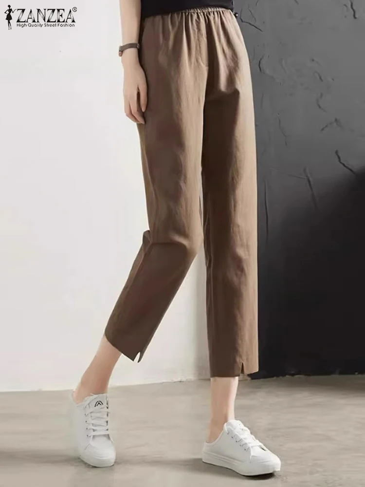 

ZANZEA Casual Straight Trousers Korean Casual Cropped Pants Women Elastic Waist Pockets Long Pants Summer Fashion Slit Pantalons