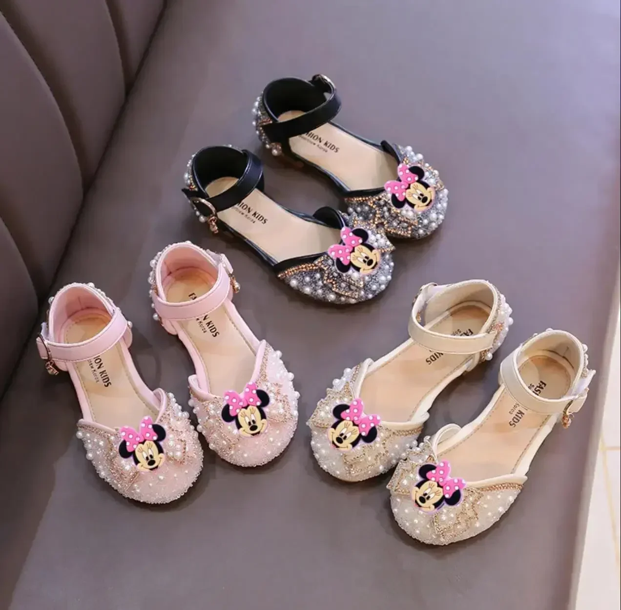 

Disney Mickey Mouse Girl Sandals Spring Summer New Pearl Soft Soles Children's Dance Princess Shoes Spring Girl Leather Shoes