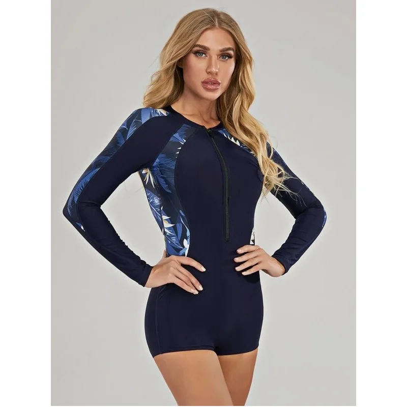 MUOLUX Women's Swimsuit Long sleeved Printed Surfing Suit One Piece Swimming Suit Beach Monokini Zipper Flat Angle Diving Suit