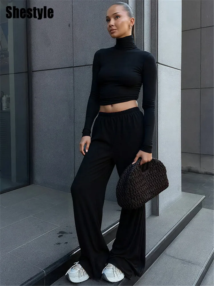 

Shestyle Solid Comfortable Women 2 Pieces Sets Homewear Turtleneck T-Shirt Leisure Pants Minimalist Skin Care Black Fall Clothes