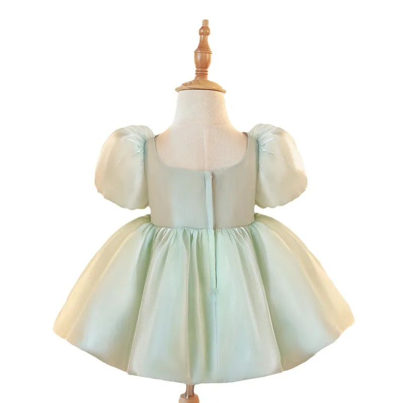 Customized Bow Deisgn Puff Sleeve Square Collar Kids Birthday Party Vestidos Simple Solid Flower Girls Dresses Pleated Princess