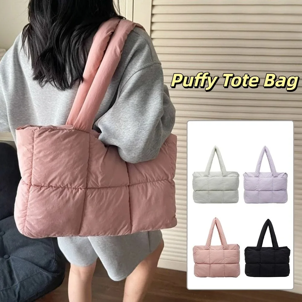 

Casual Solid Color Puffy Tote Bag Large Capacity Winter Down Cloth Handbag Leisure Waterproof Quilted Plaid Bag Unisex