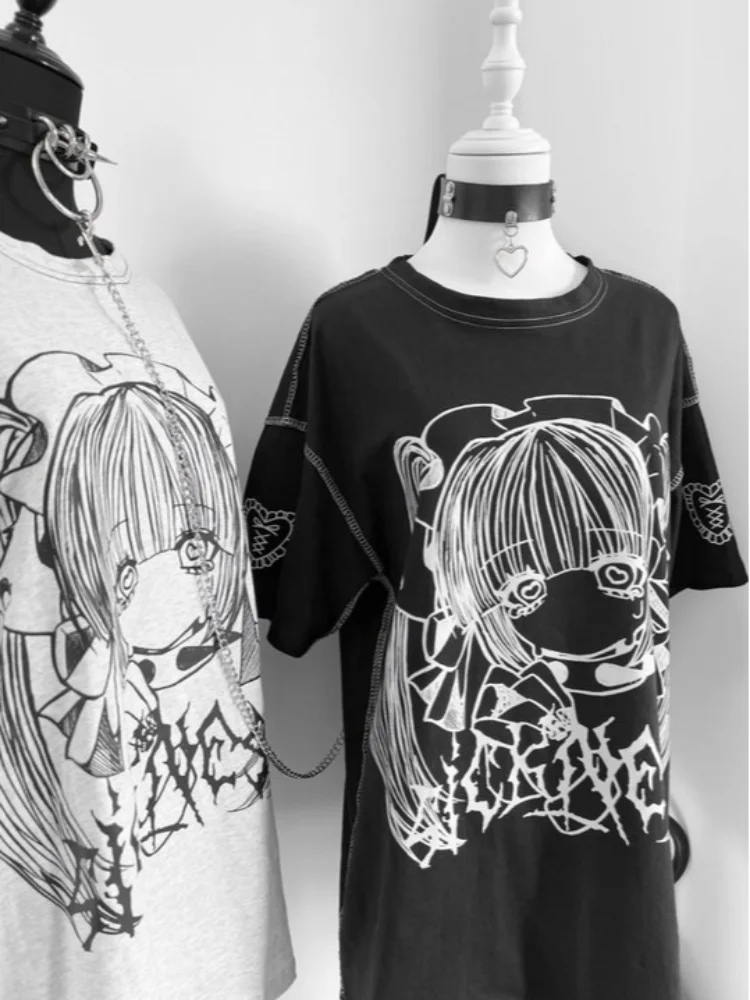 Japanese Y2K Harajuku Gothic anime Girl Printed Short Sleeve Couple T-shirt Summer New Loose and Comfortable Casual Top