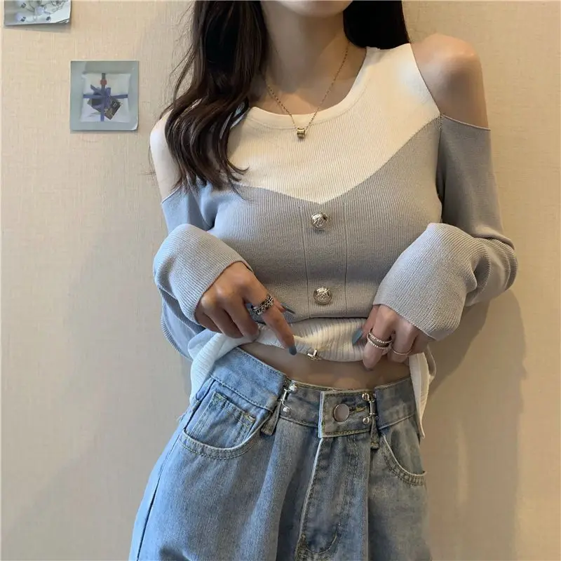 Off Shoulder Contrast Short Pullovers Top Spring Autumn Hollow Out Slim Patchwork Trend Sweaters Korean Fashion Women Clothing